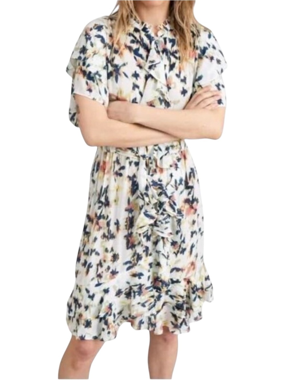 Munthe Humming Cascade Ruffle Floral Flutter Sleeve Faux Wrap Mini Dress